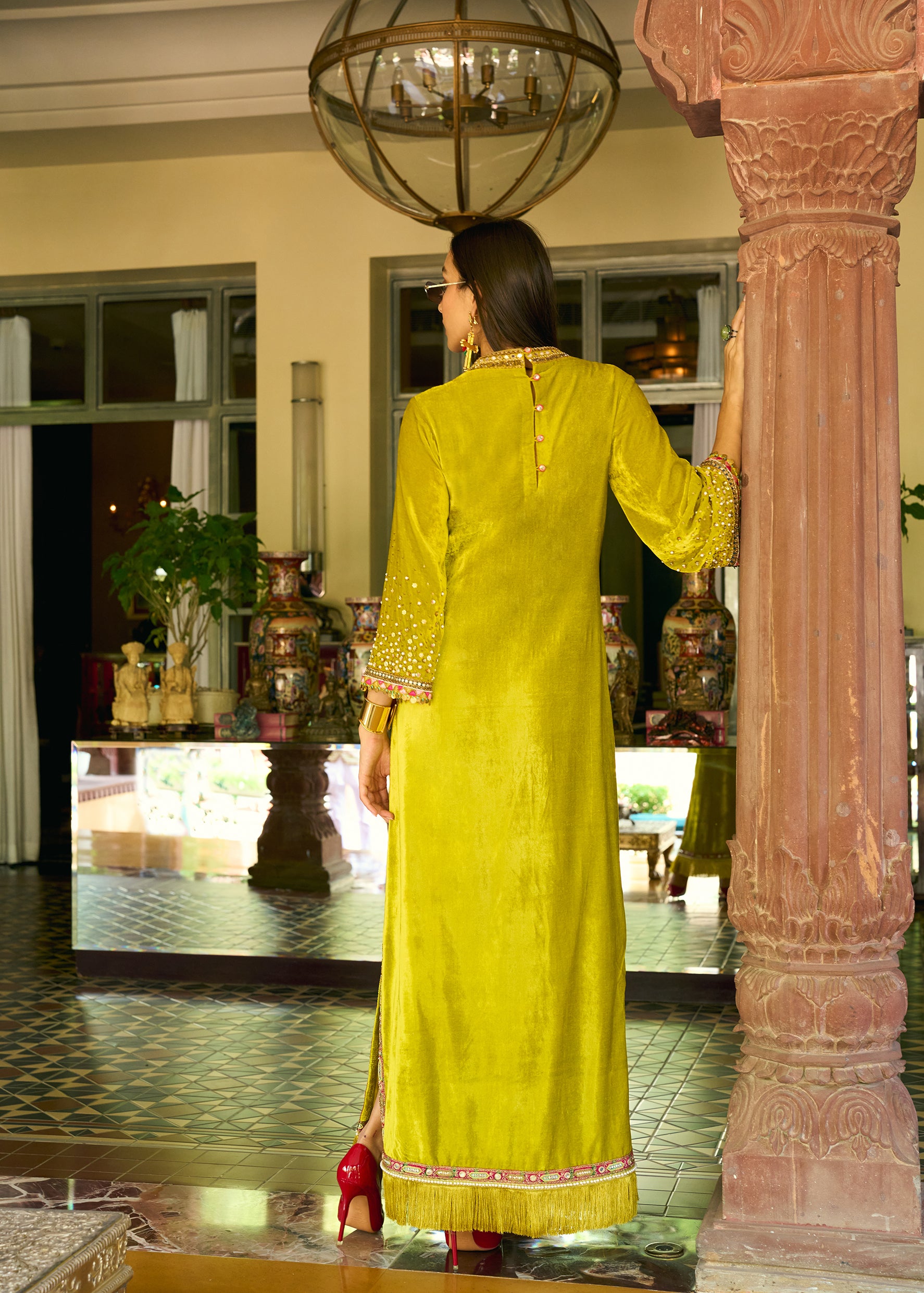 After Hours Lime Yellow Boota Velvet Kaftan Dress