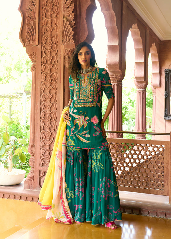 After Hours Emerald Green Printed Gharara Set