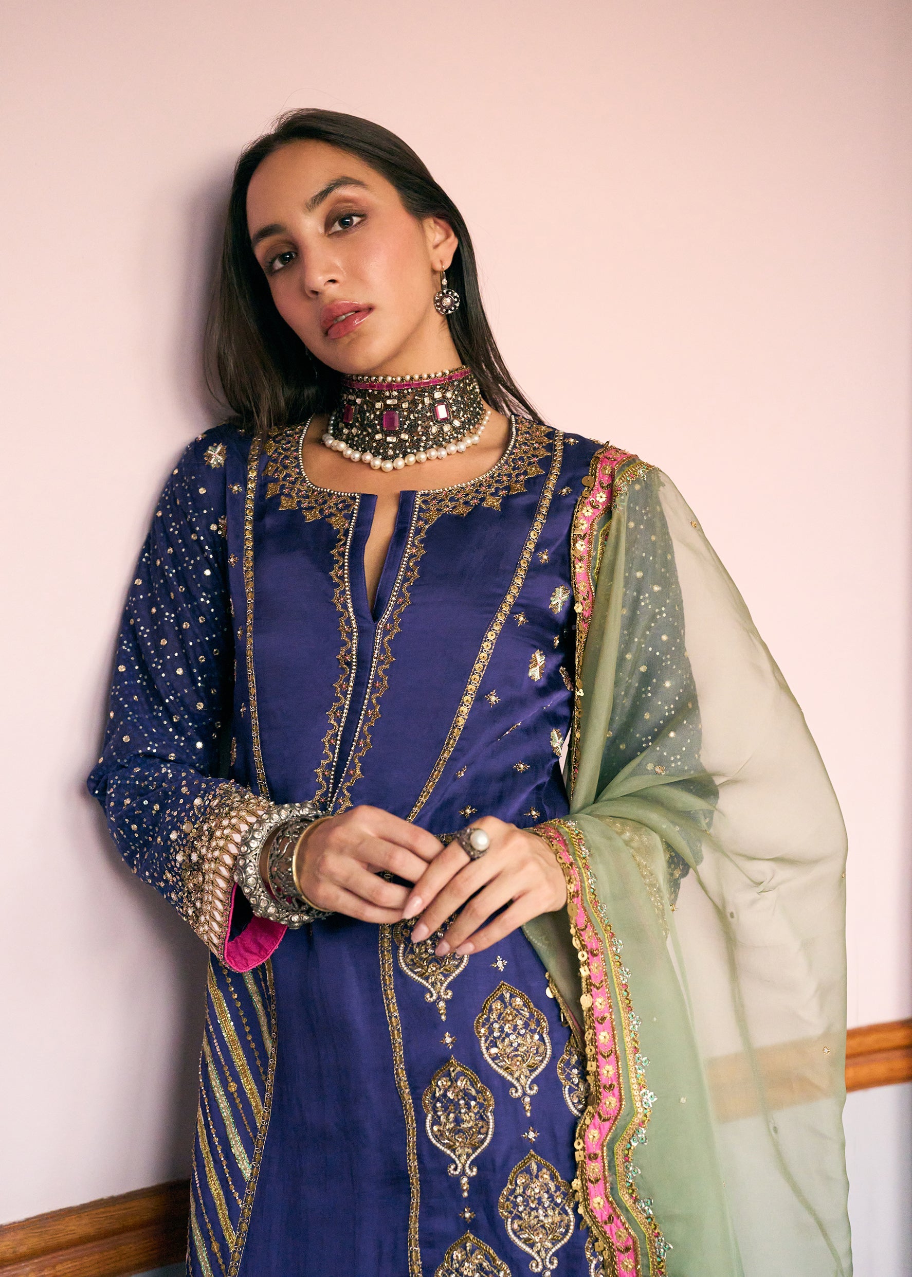After Hours Purple Panel Embroidered Kurta Set