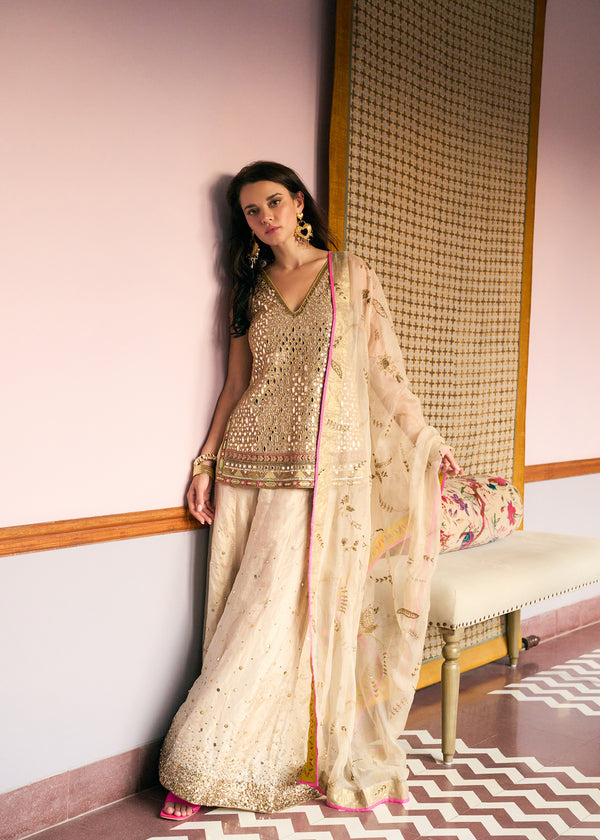 After Hours Grey Gold Ivory Mirror Sharara Set