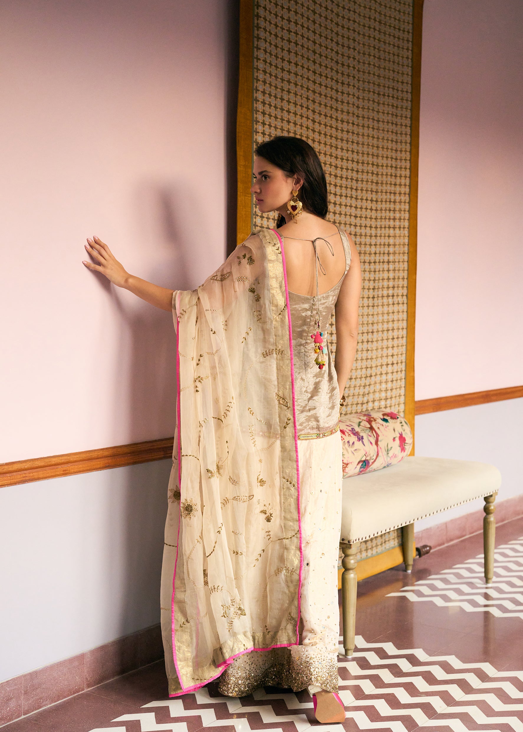 After Hours Grey Gold Ivory Mirror Sharara Set