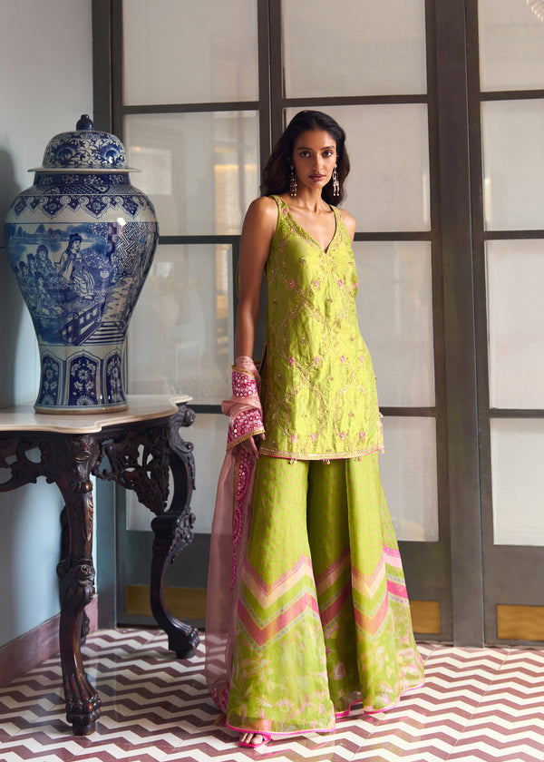 After Hours Embroidered Green Tissue Sharara Set