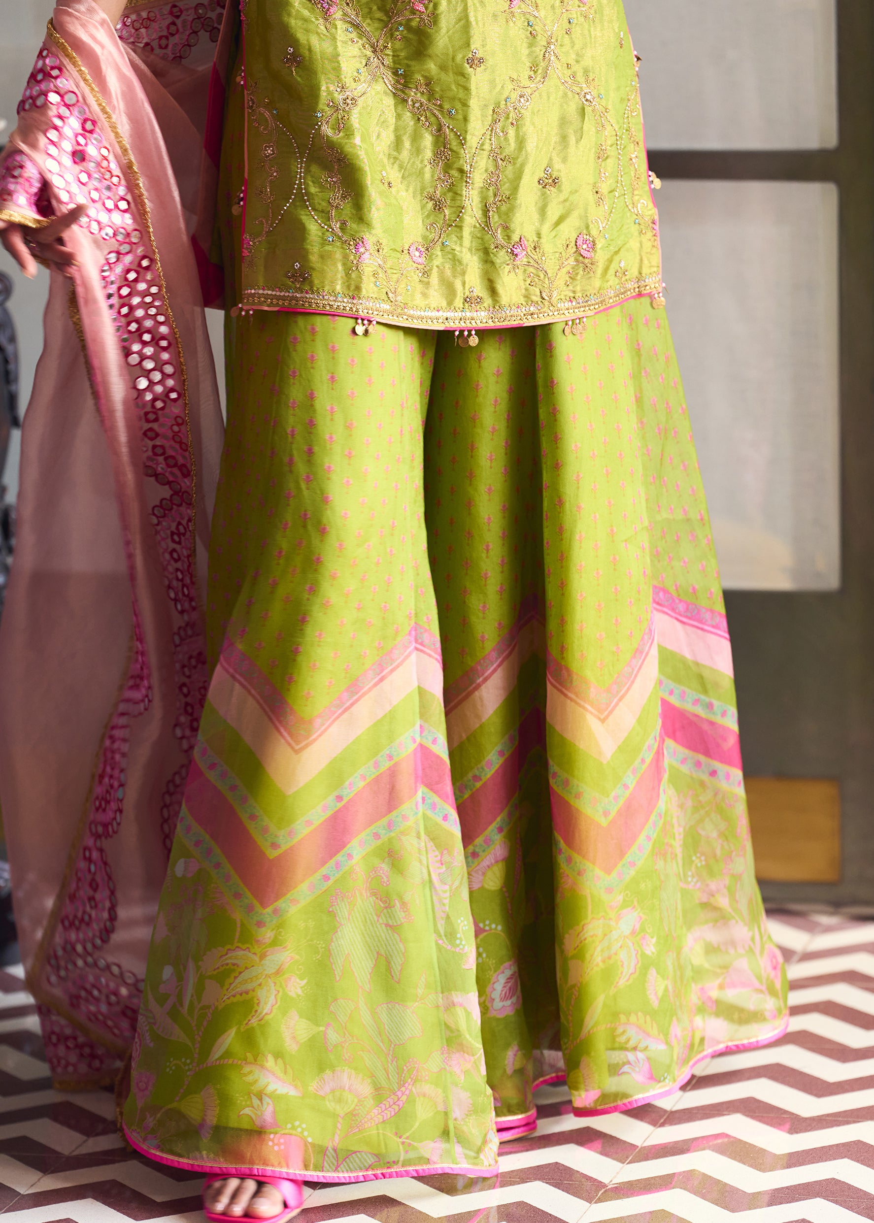 After Hours Embroidered Green Tissue Sharara Set