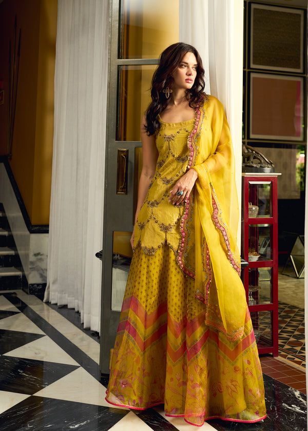 After Hours Embroidered Yellow Tissue Sharara Set
