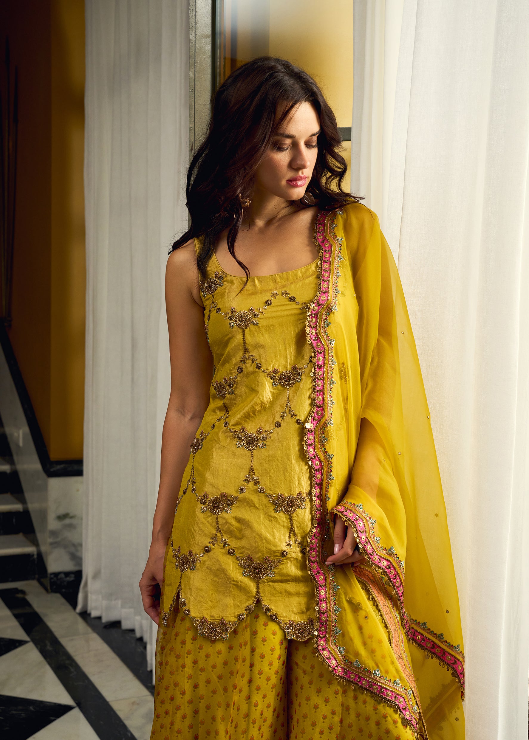 After Hours Embroidered Yellow Tissue Sharara Set