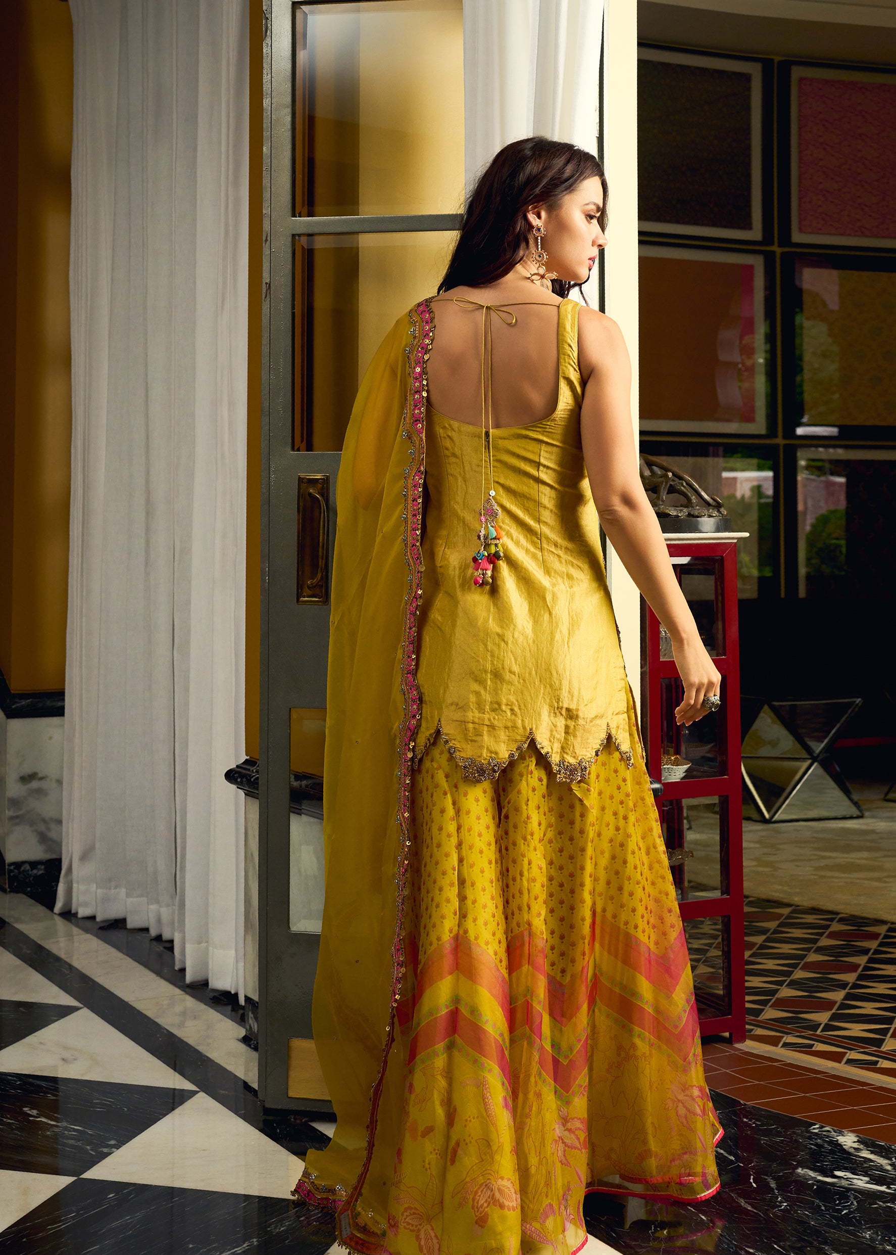 After Hours Embroidered Yellow Tissue Sharara Set