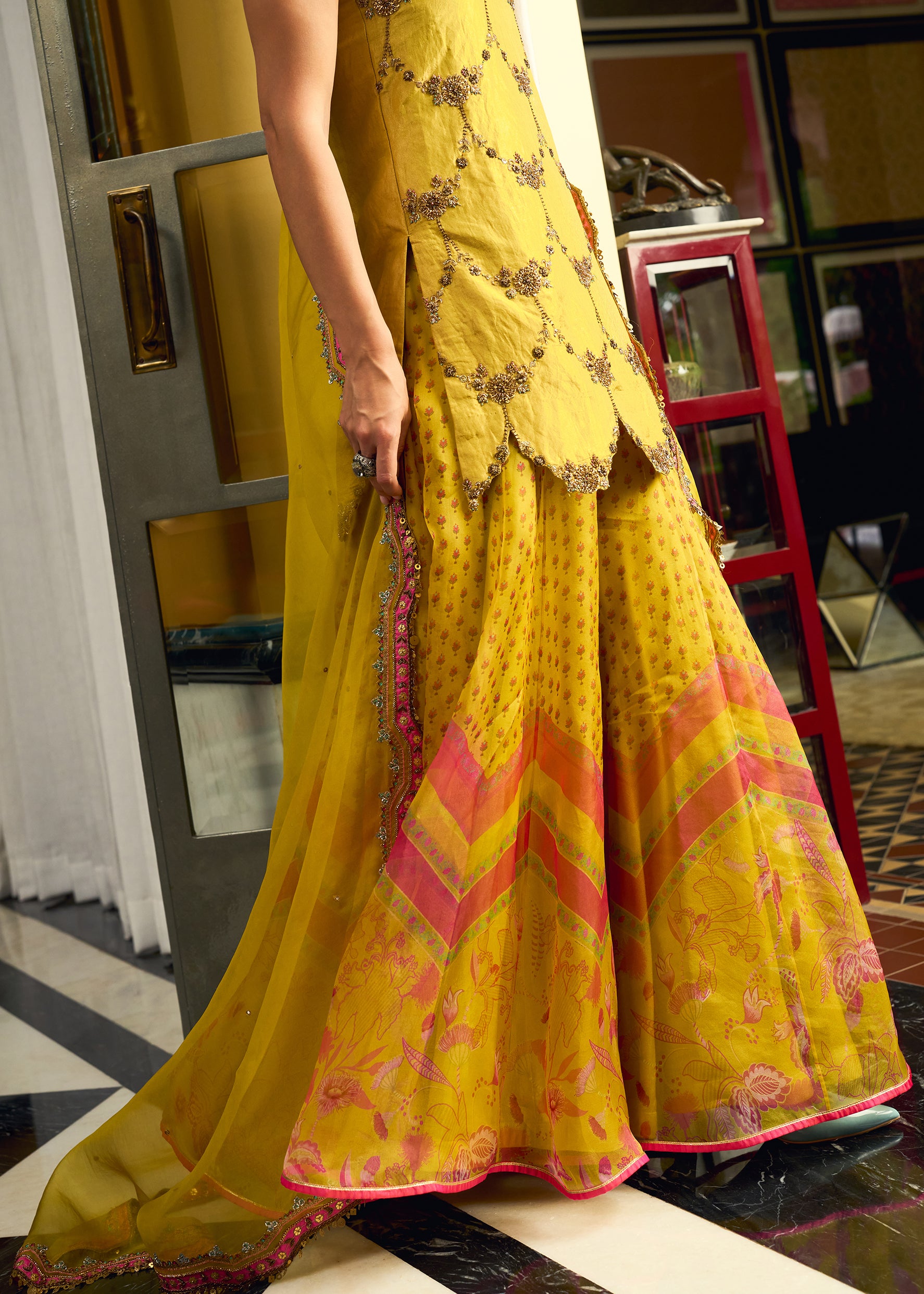 After Hours Embroidered Yellow Tissue Sharara Set