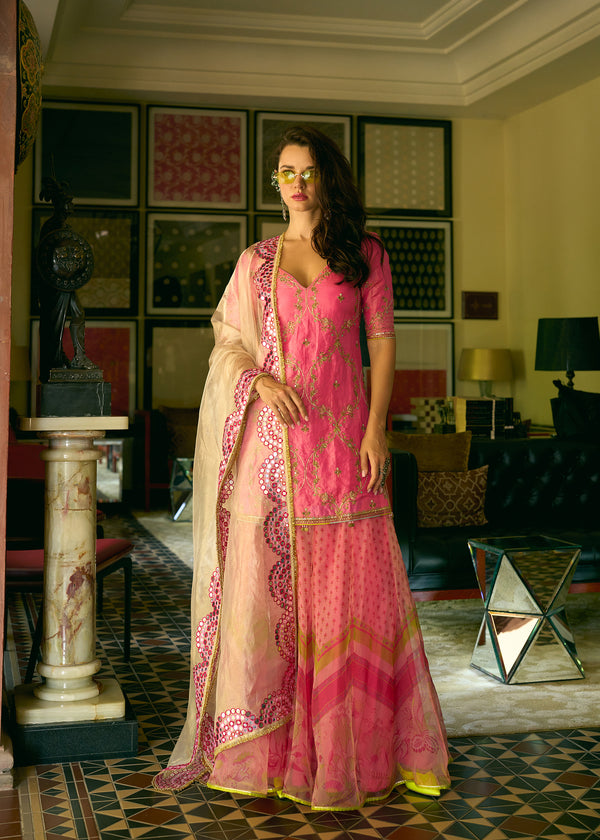 After Hours Hot Pink Embroidered Tissue Sharara Set