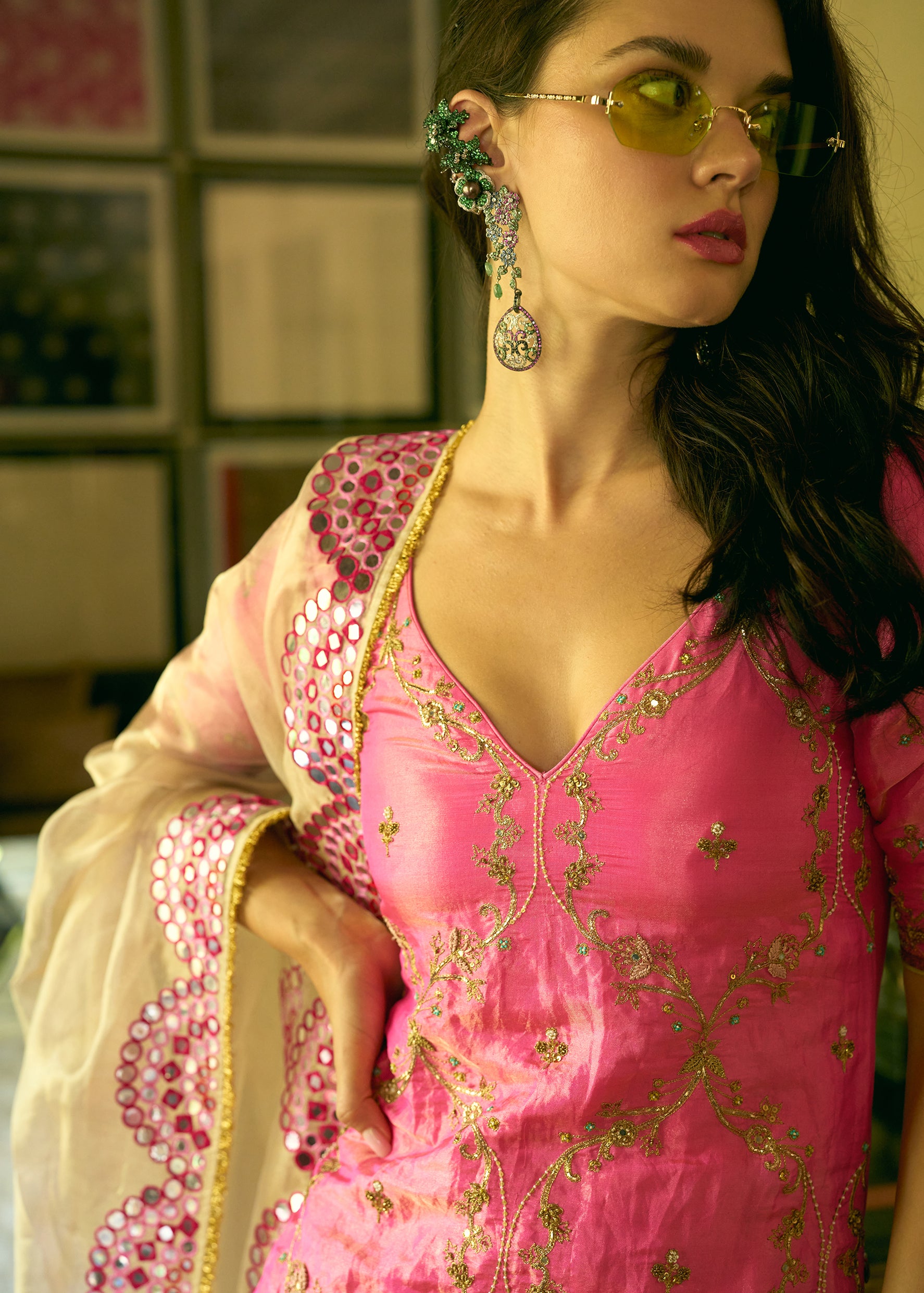 After Hours Hot Pink Embroidered Tissue Sharara Set