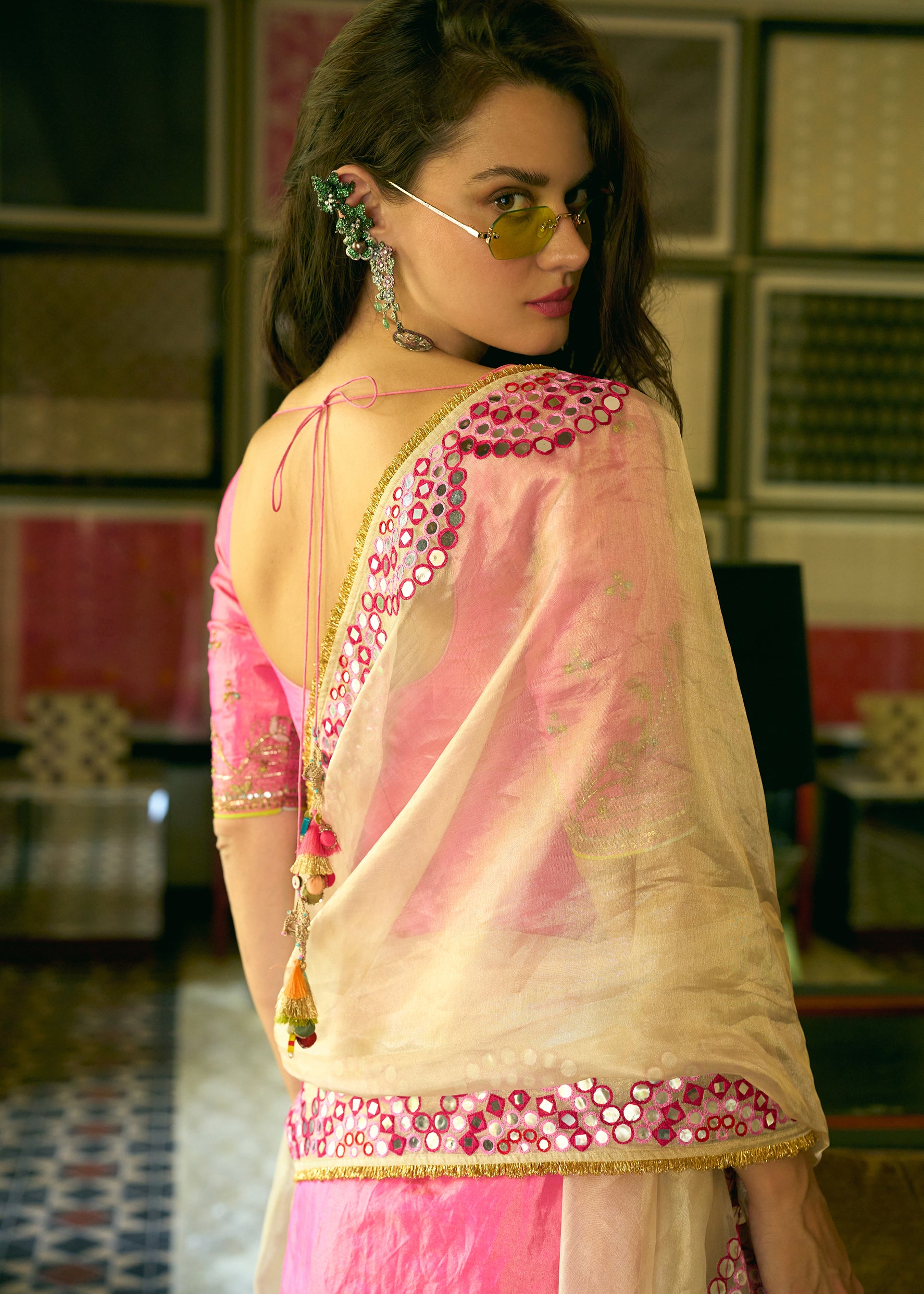 After Hours Hot Pink Embroidered Tissue Sharara Set
