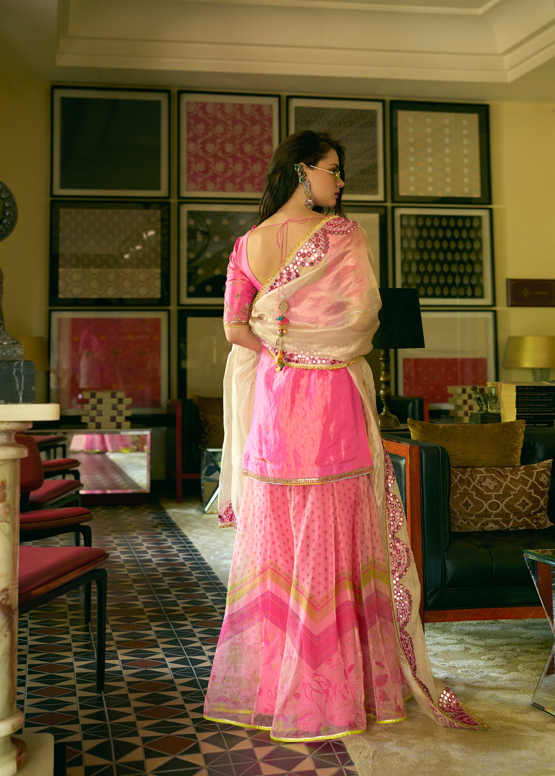 After Hours Hot Pink Embroidered Tissue Sharara Set