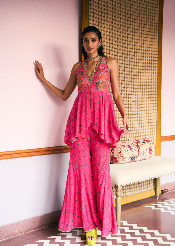 After Hours Hot Pink Embroidered Peplum Sharara Set