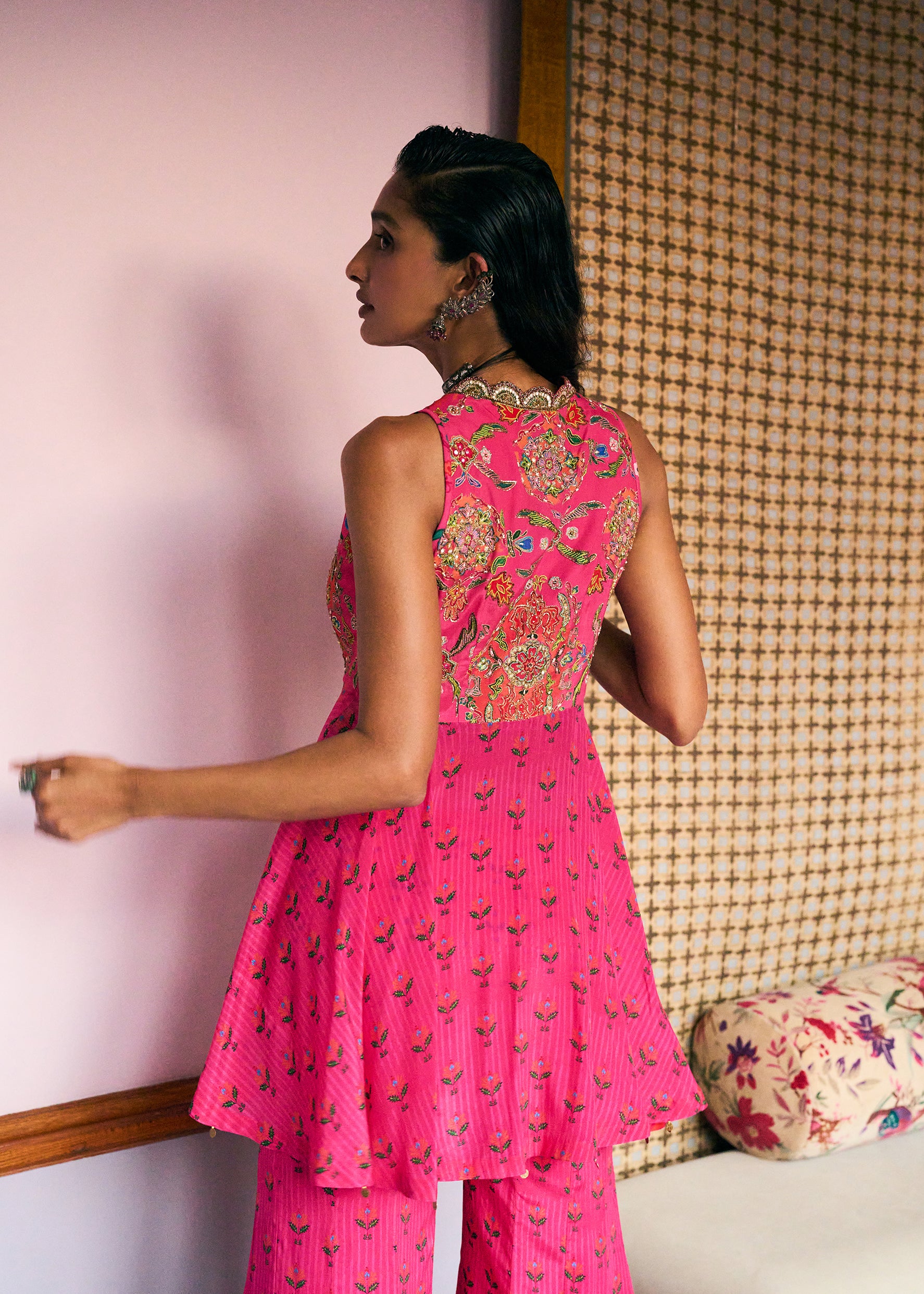 After Hours Hot Pink Embroidered Peplum Sharara Set