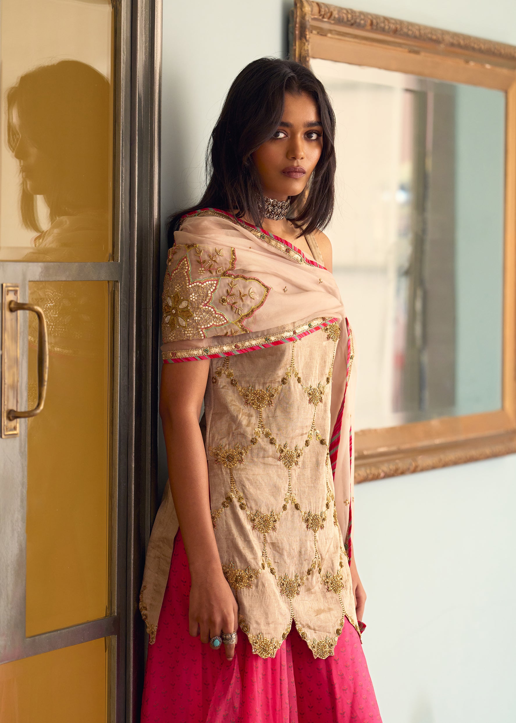 After Hours Embroidered Beige Tissue Sharara Set