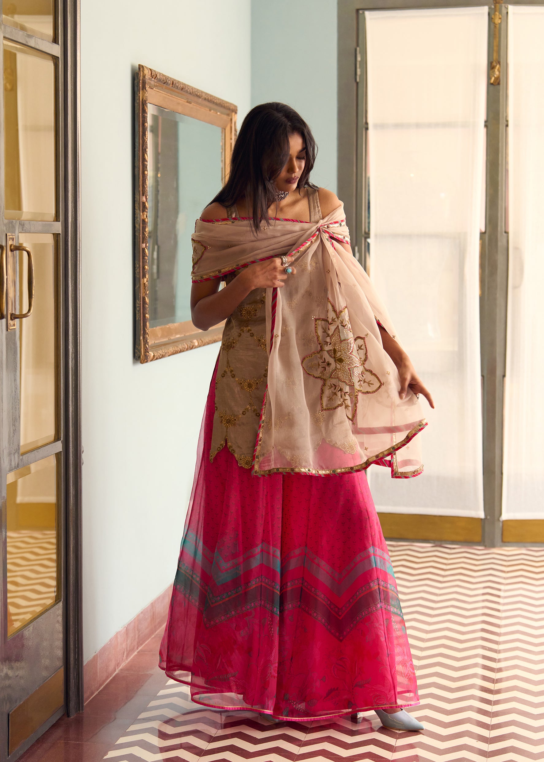 After Hours Embroidered Beige Tissue Sharara Set