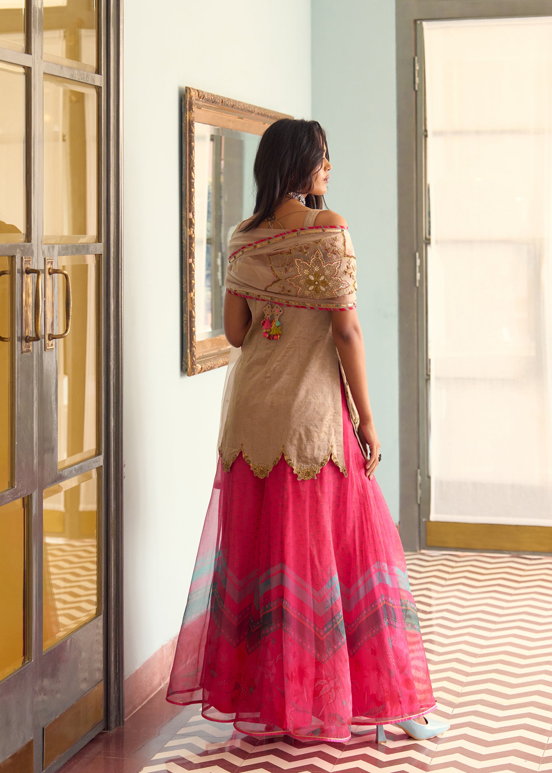 After Hours Embroidered Beige Tissue Sharara Set