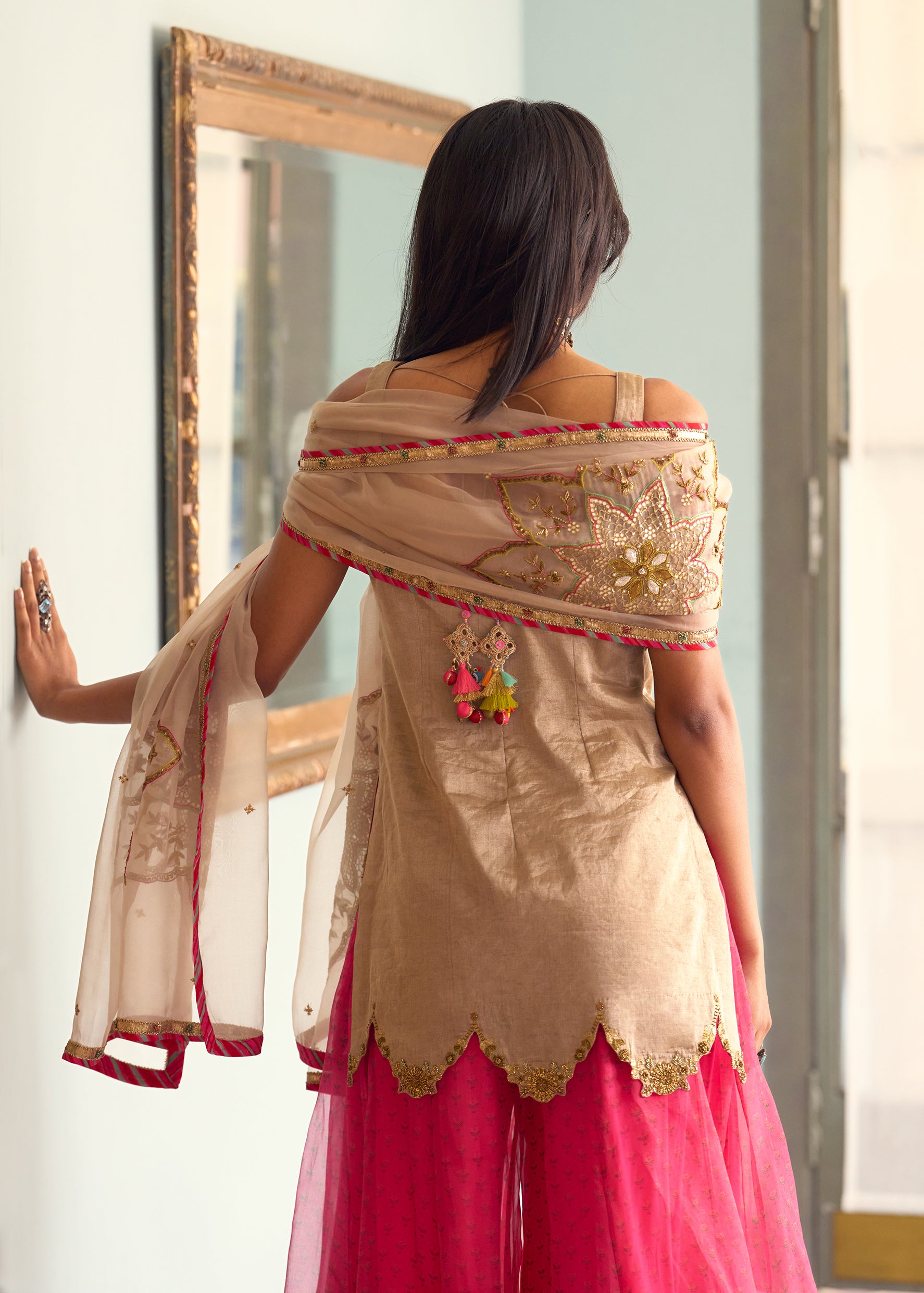 After Hours Embroidered Beige Tissue Sharara Set