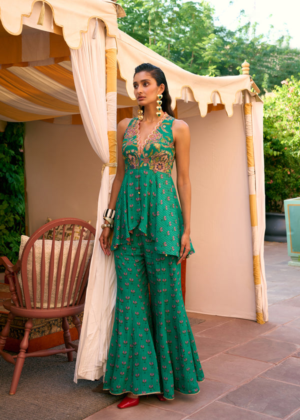 After Hours Green Embroidered Peplum Sharara Set