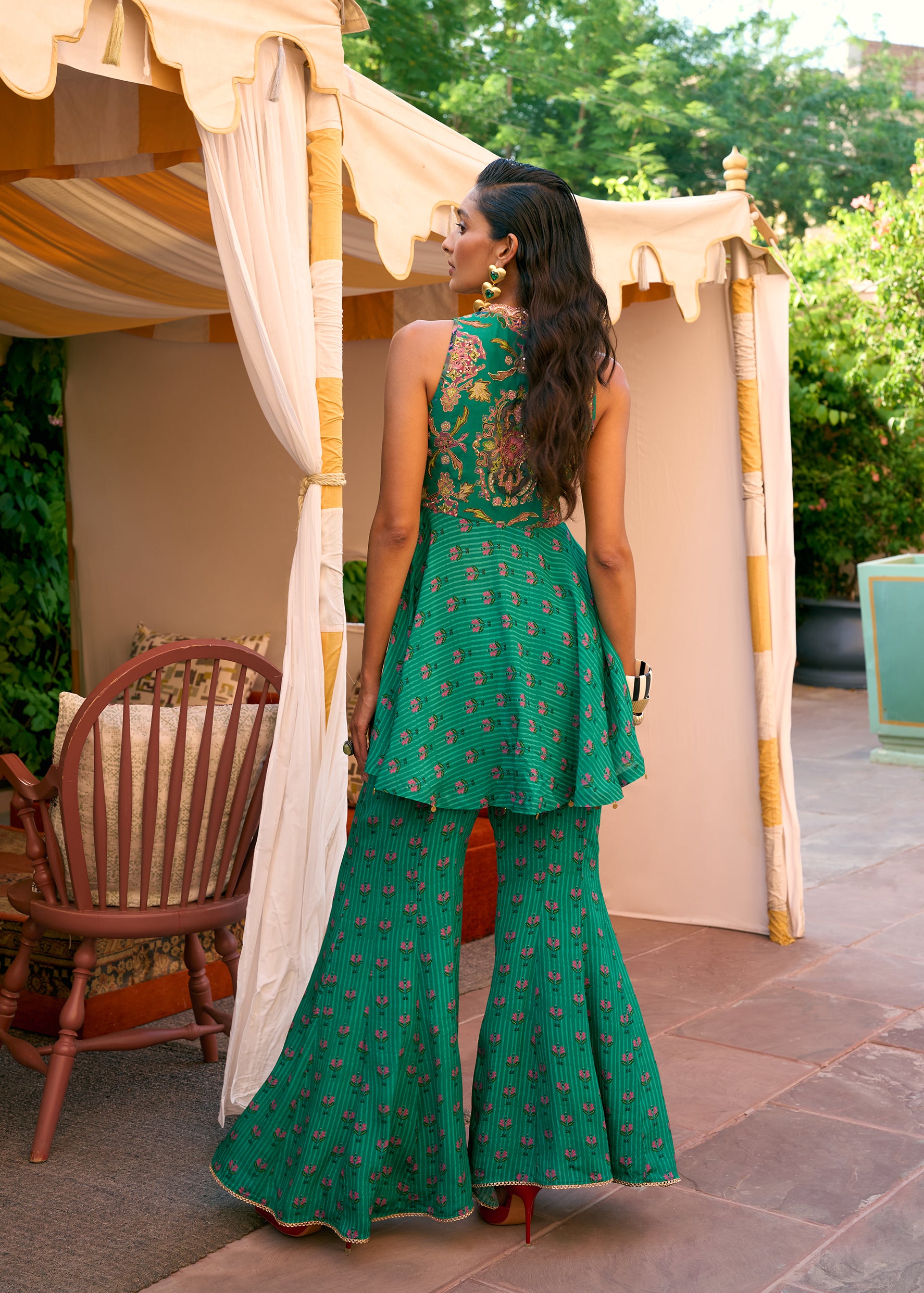After Hours Green Embroidered Peplum Sharara Set