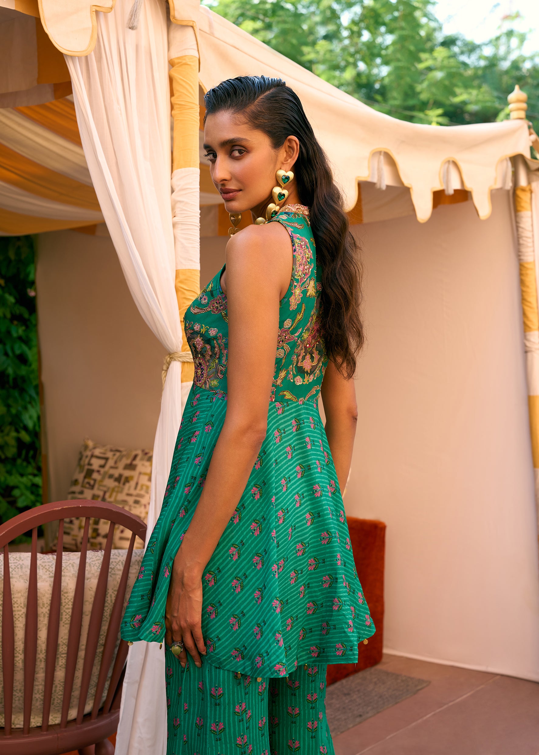 After Hours Green Embroidered Peplum Sharara Set