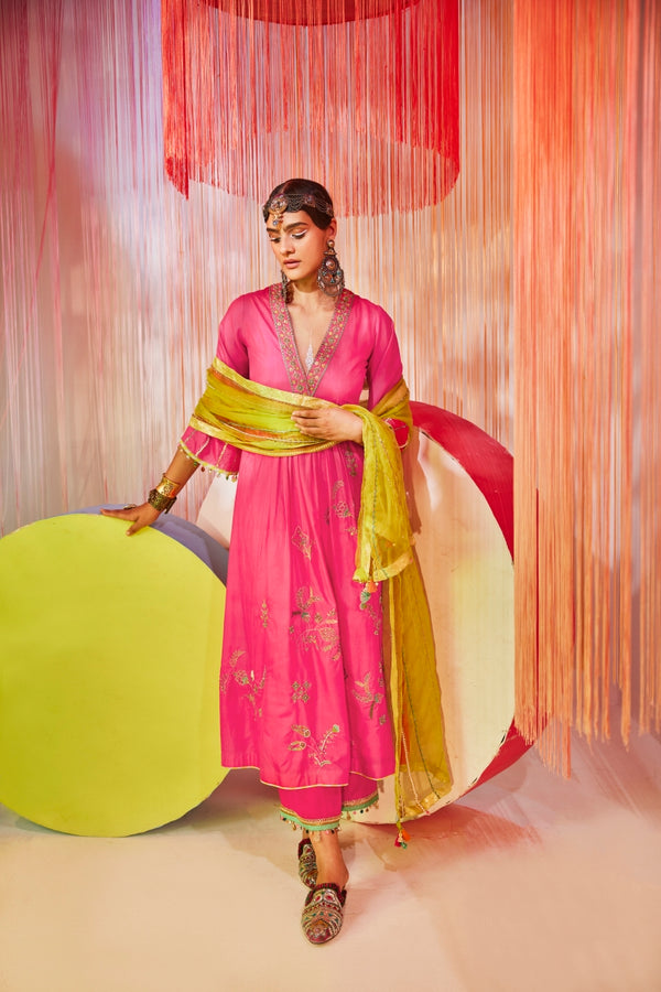 Hot Pink Jaal Silk Kurta Set