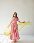 Hot Pink - Bright Green Orchid Anarkali Set