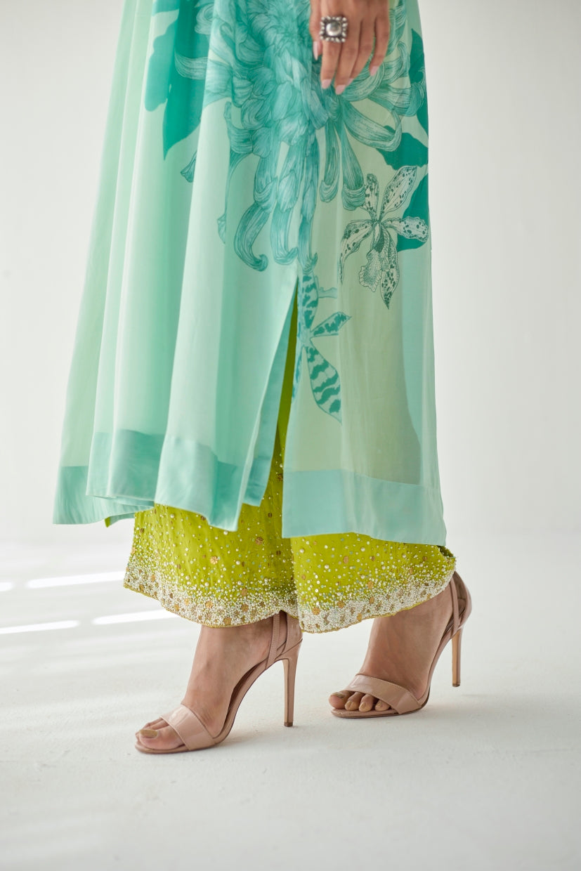 Sea Green Side Flower Kurta Set