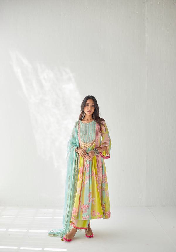 Lime Yellow Orchid Front Puckering Yoke Kurta Set