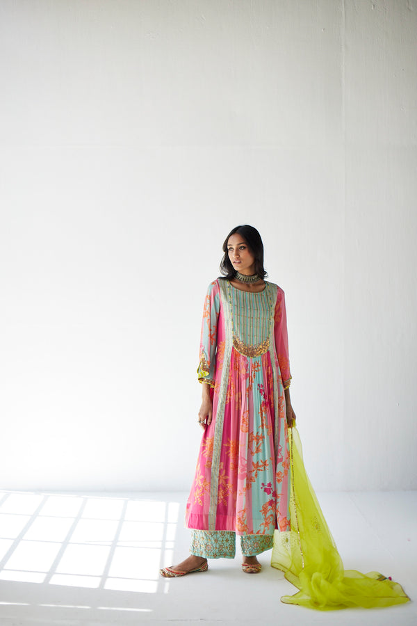 Hot Pink Orchid Front Puckering Yoke Kurta Set
