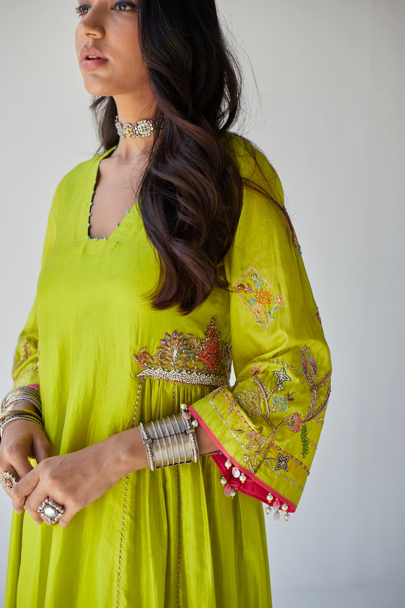 Bright Green Side Kali Kurta Set