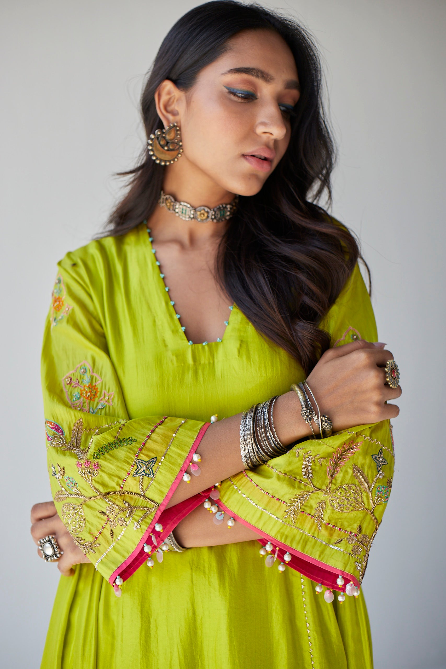 Bright Green Side Kali Kurta Set