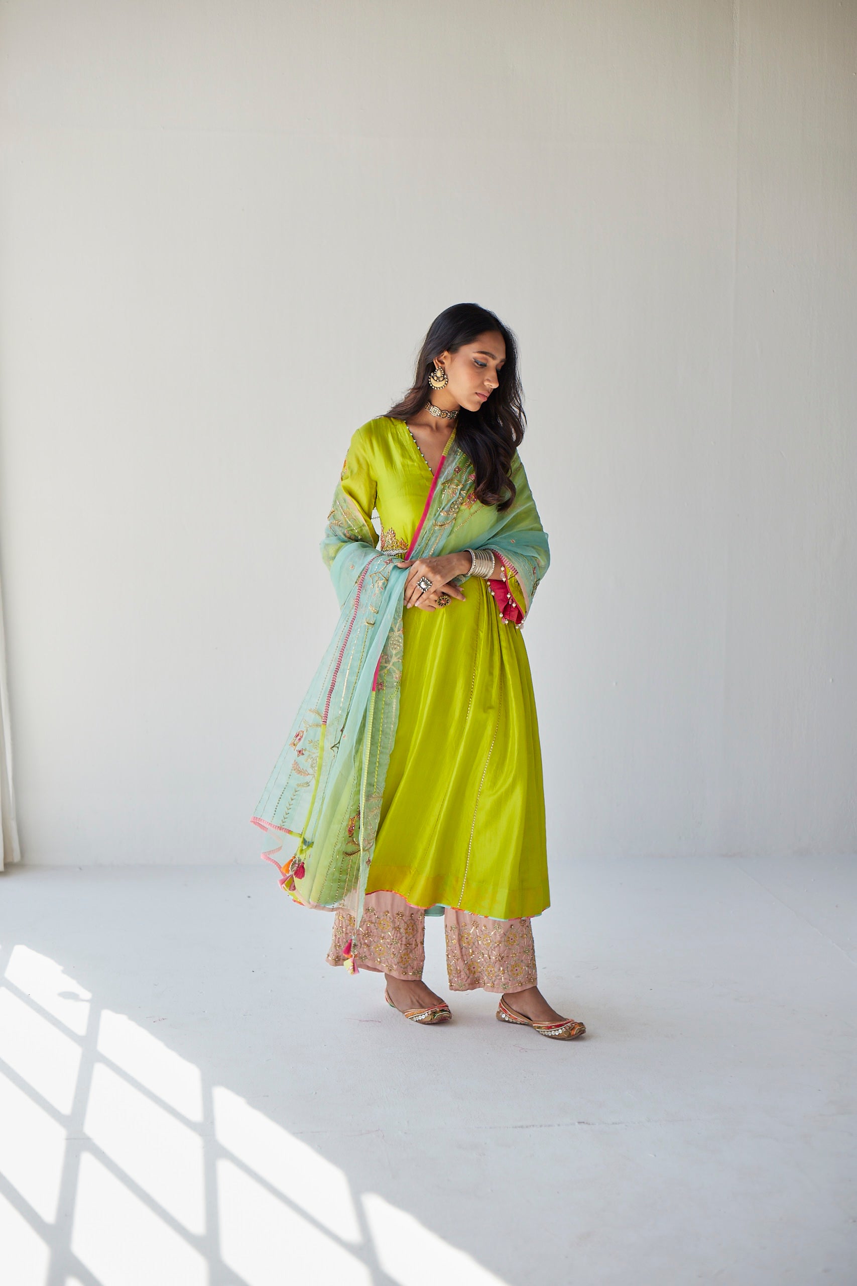 Bright Green Side Kali Kurta Set