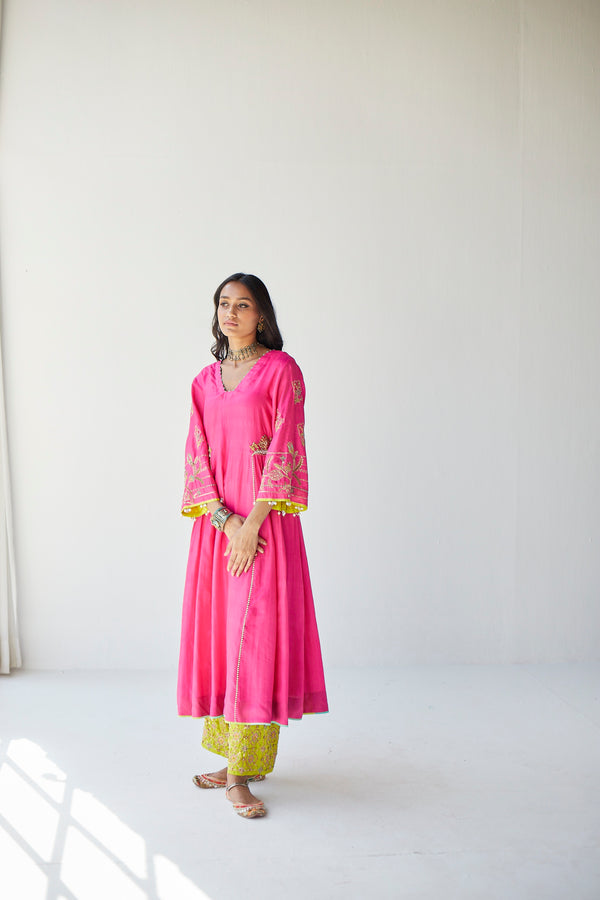 Hot Pink Side Kali Kurta Set