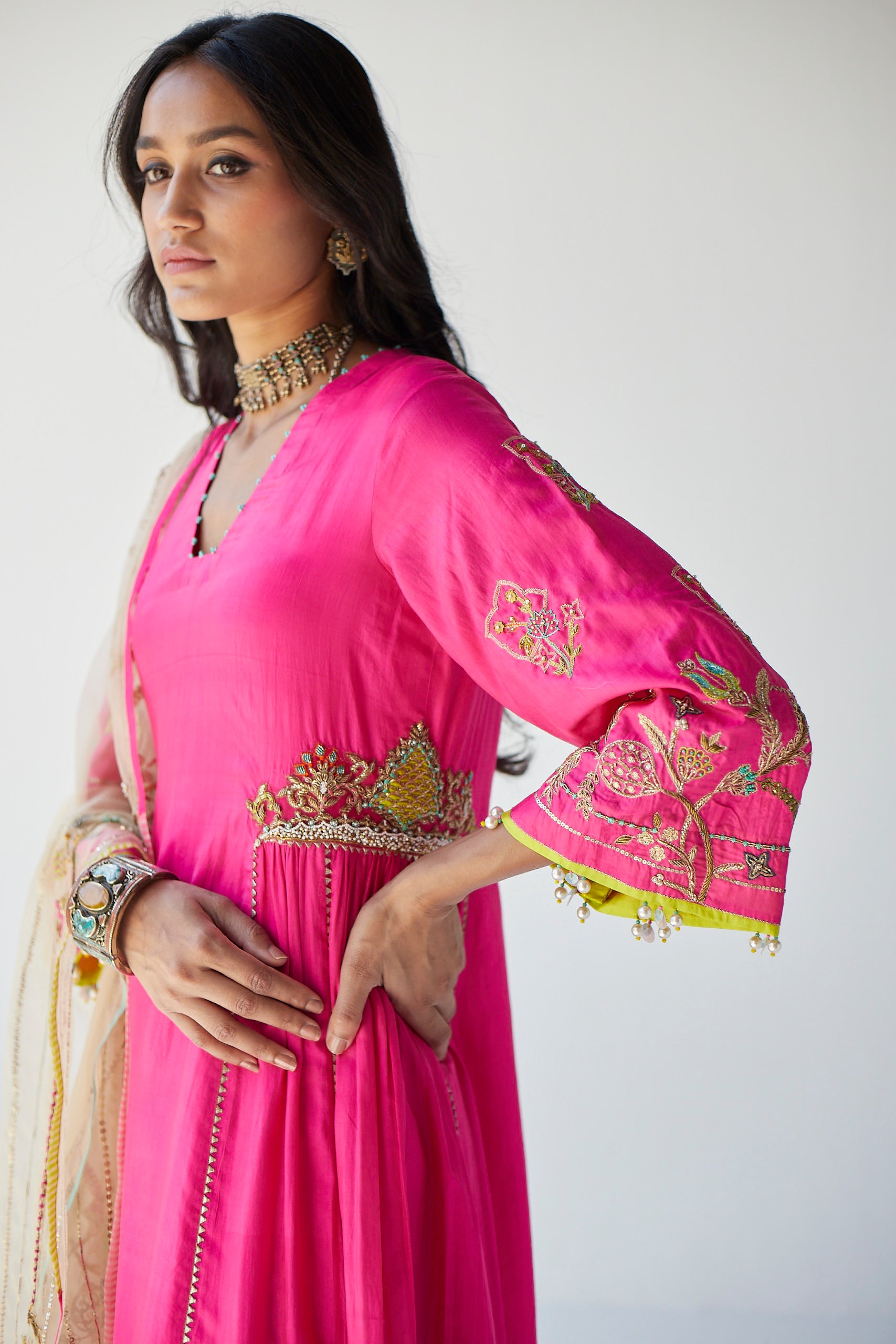 Hot Pink Side Kali Kurta Set