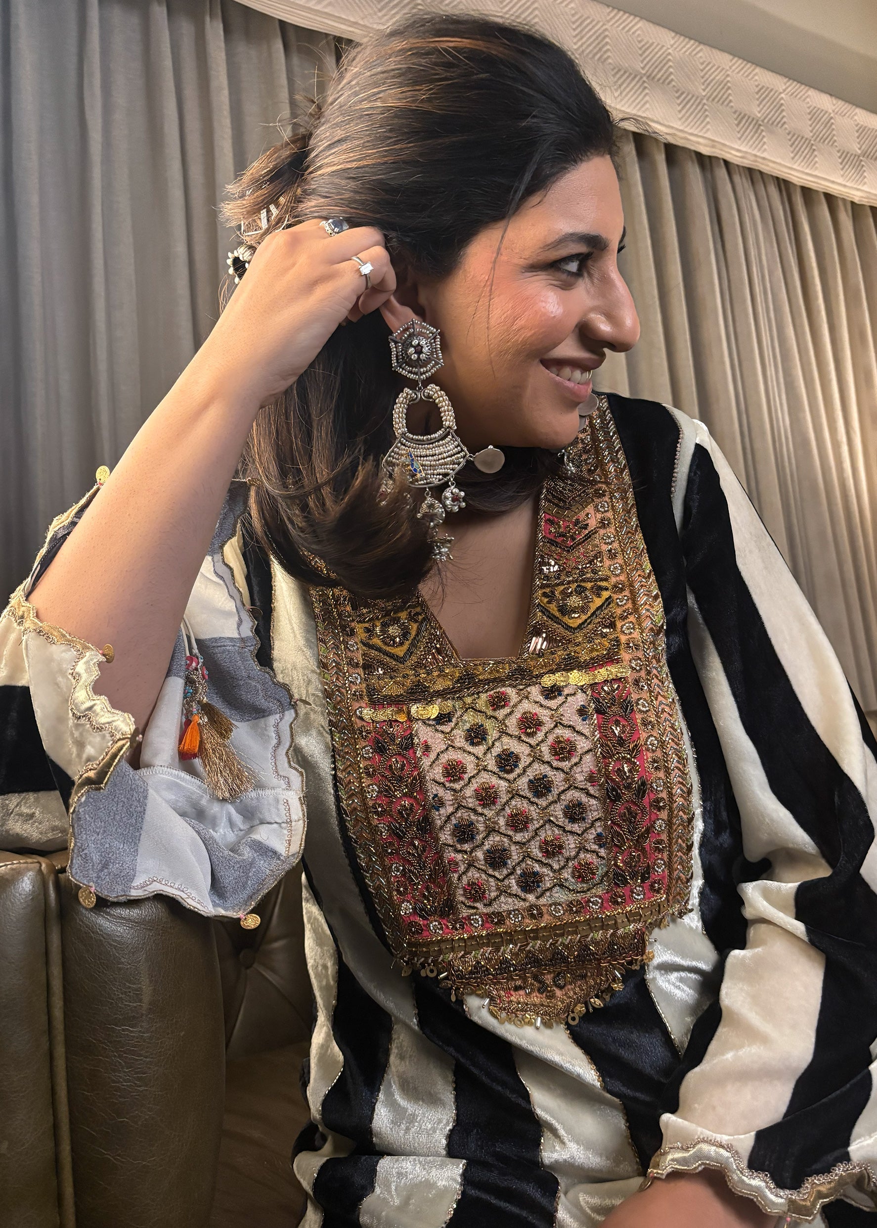 Black And White Stripe Velvet Kaftan Dress