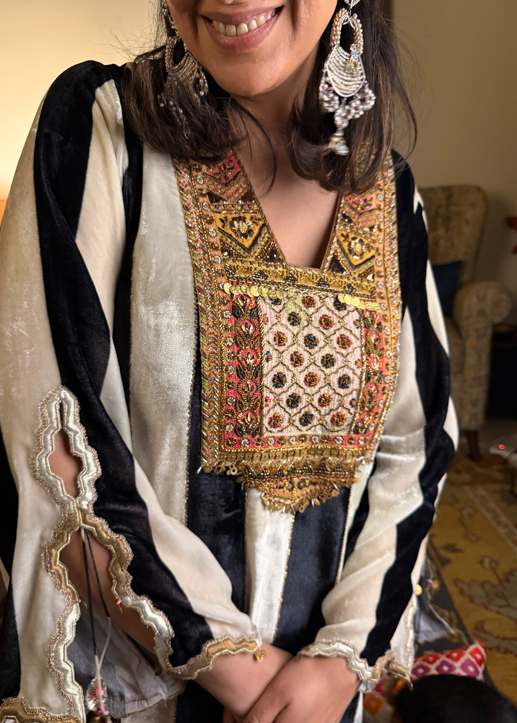 Black And White Stripe Velvet Kaftan Dress