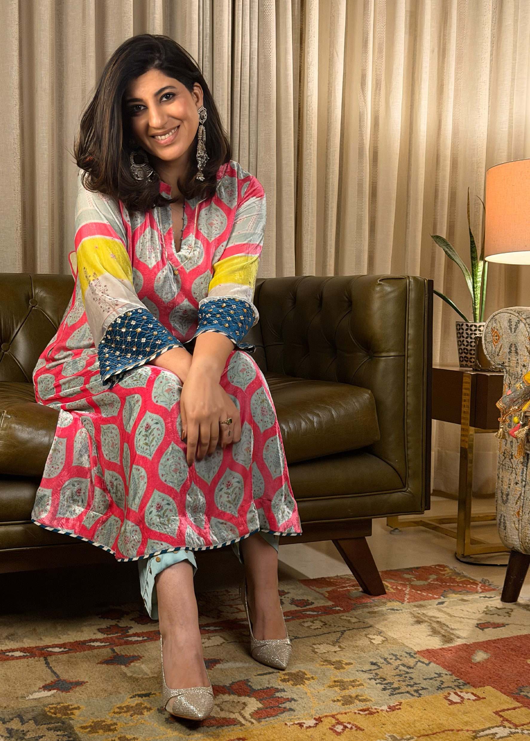 Pink Mehzabeen Print Velevt Kurta Set