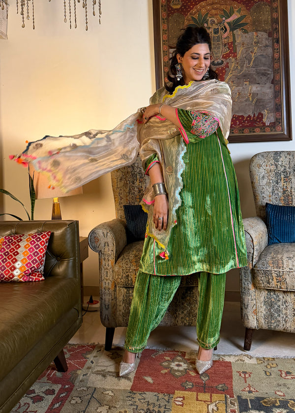 Green Stripe Velvet Kurta Set