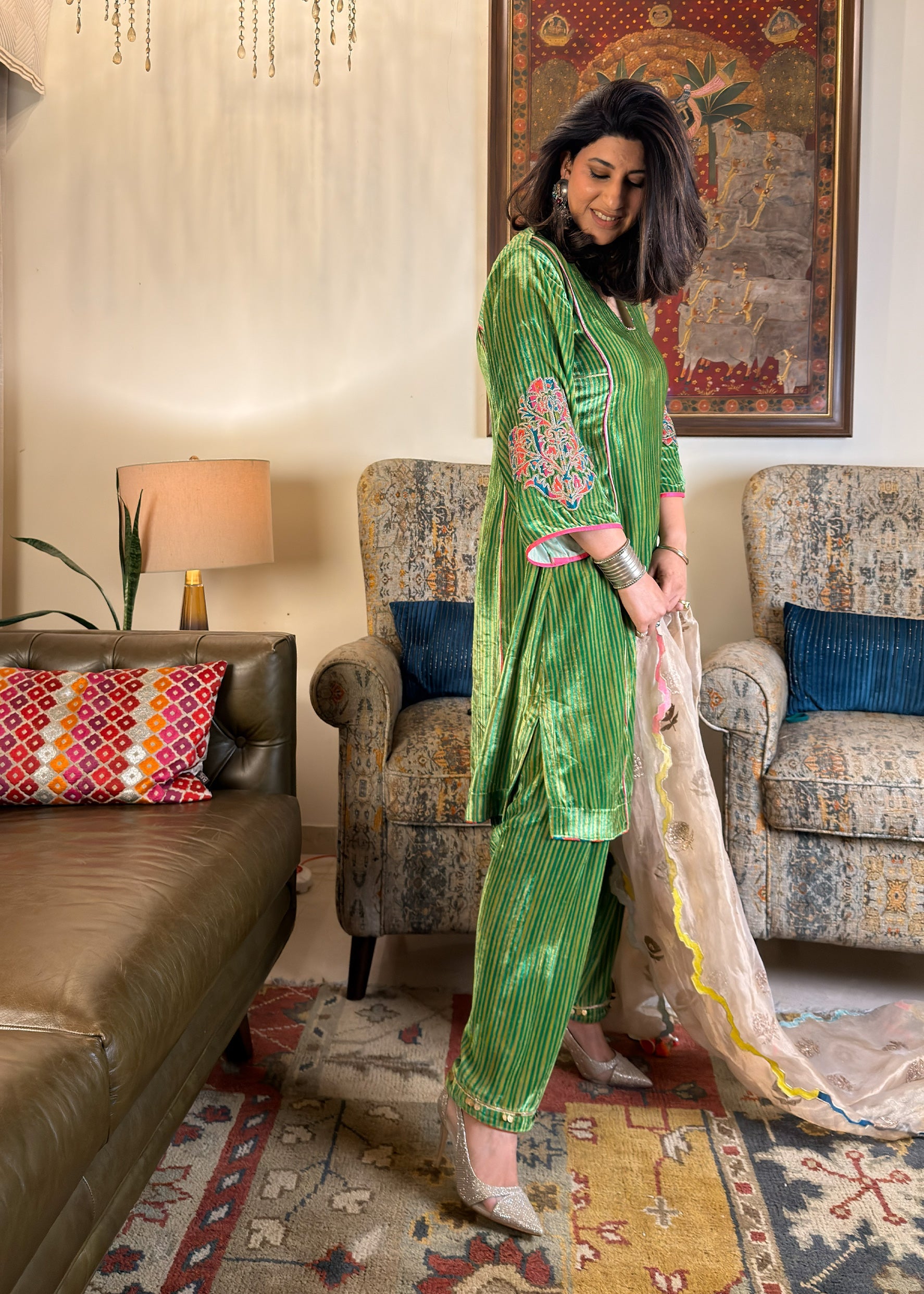 Green Stripe Velvet Kurta Set