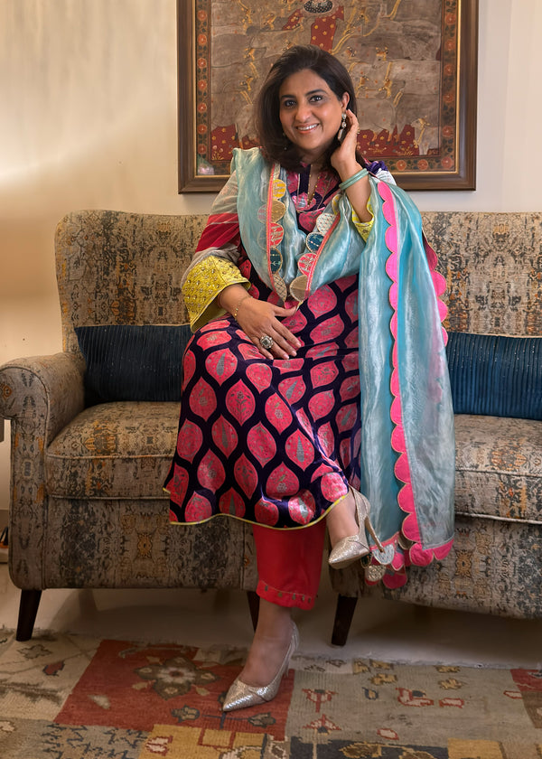 Purple Mehzabeen Print Velvet Kurta Set