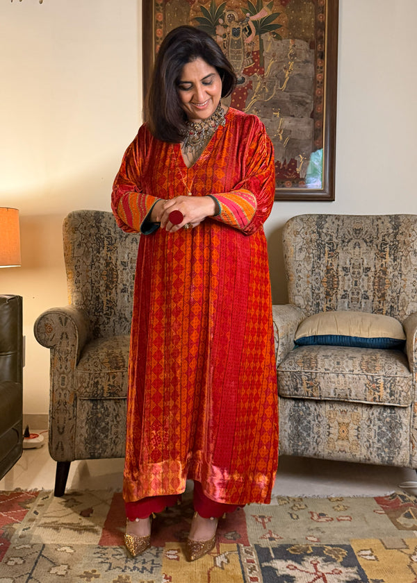 Orange Red Phulkari Print Velvet Kaftan Set