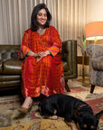 Orange Red Phulkari Print Velvet Kaftan Set