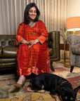 Orange Red Phulkari Print Velvet Kaftan Set