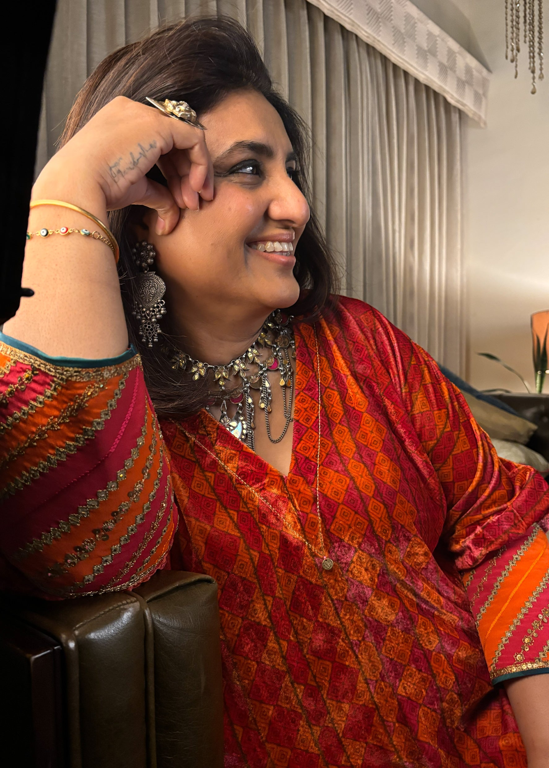 Orange Red Phulkari Print Velvet Kaftan Set