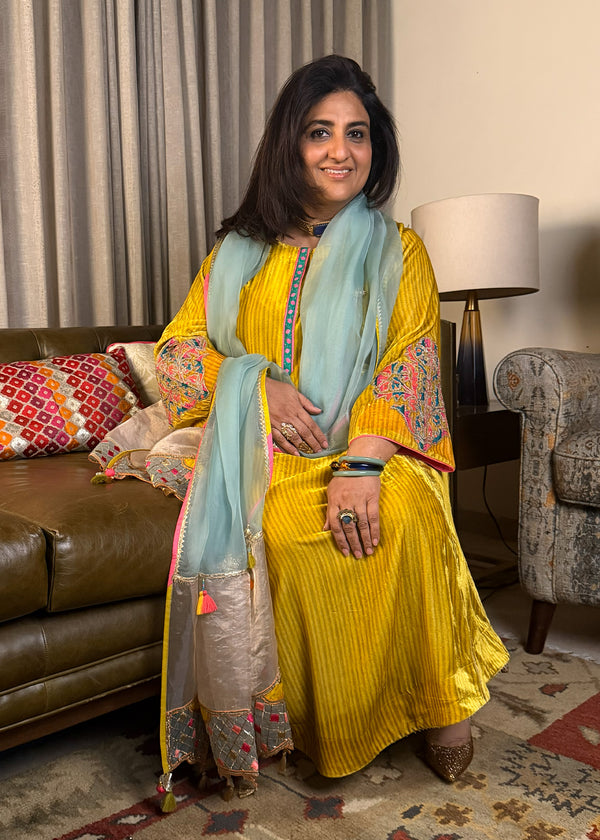 Yellow Stripe Velvet Kurta Set