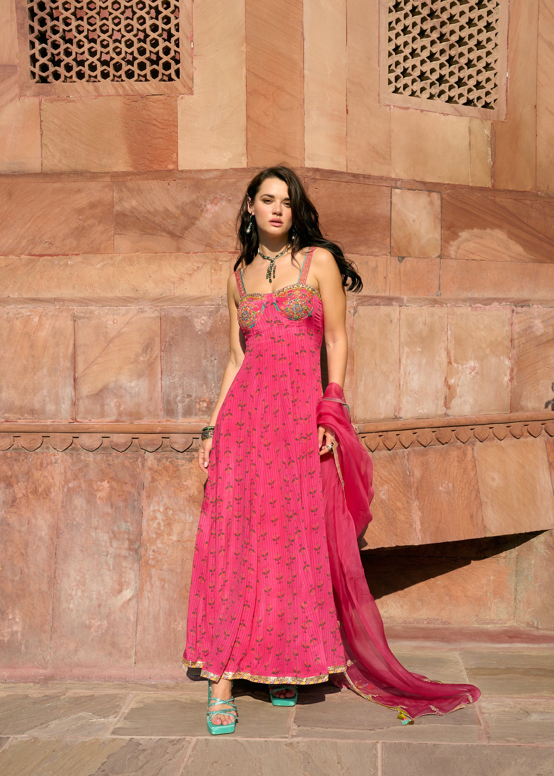 After Hours Hot Pink Embroidered Corset Anarkali Set