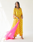 Dupahar Yellow Front Puckering Kurta Set