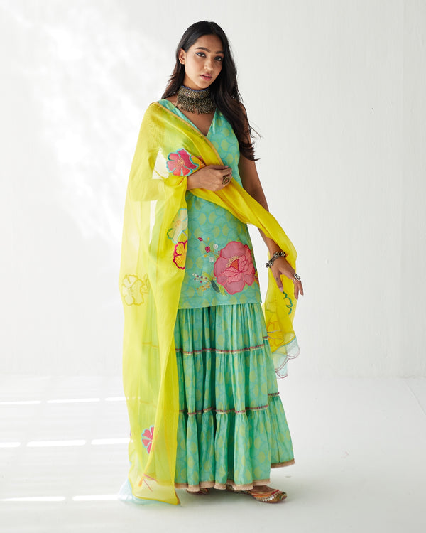 Dupahar Sea Green Big Flower Gharara Set