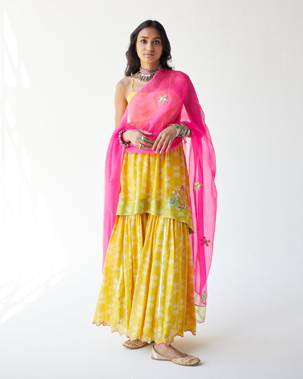 Dupahar Yellow Front Puckering Kurta Gharara Set