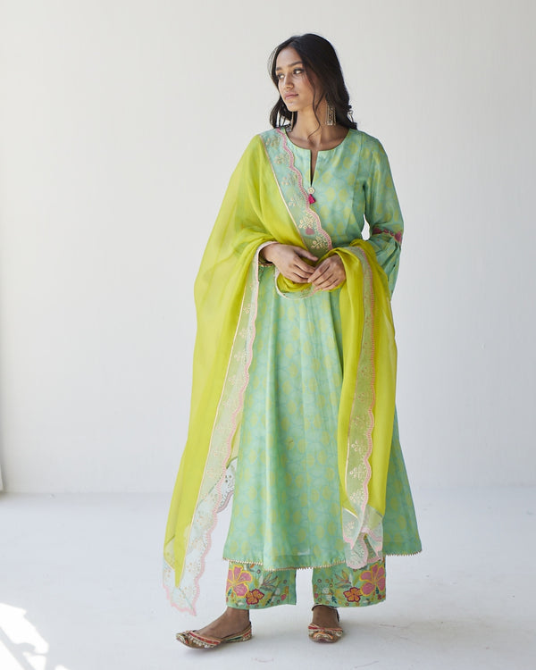 Dupahar Sea Green Front Kali Phulkari Kurta Set